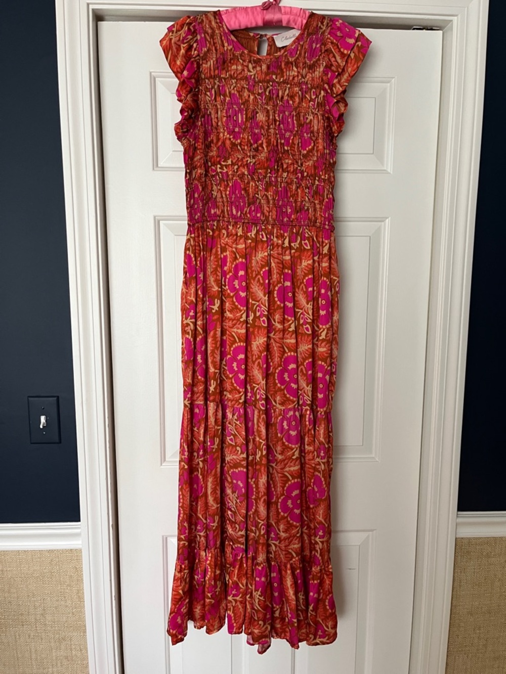 Cleobella Pink and Orange Floral Maxi Dress with Smocked Bodice